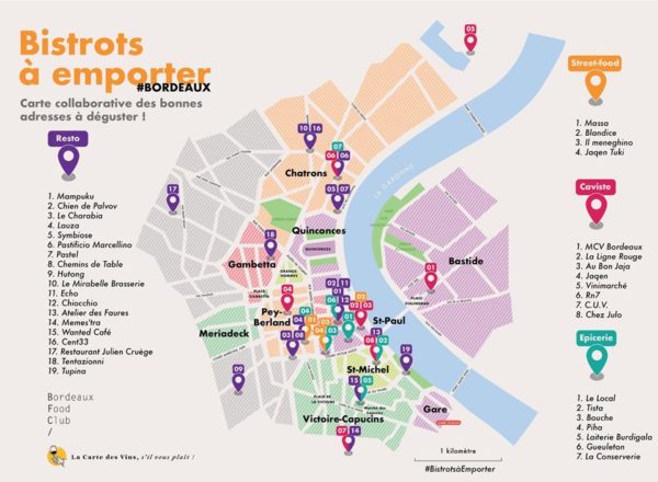 Carte des restaurants et commerces proposant la vente à emporter à Bordeaux